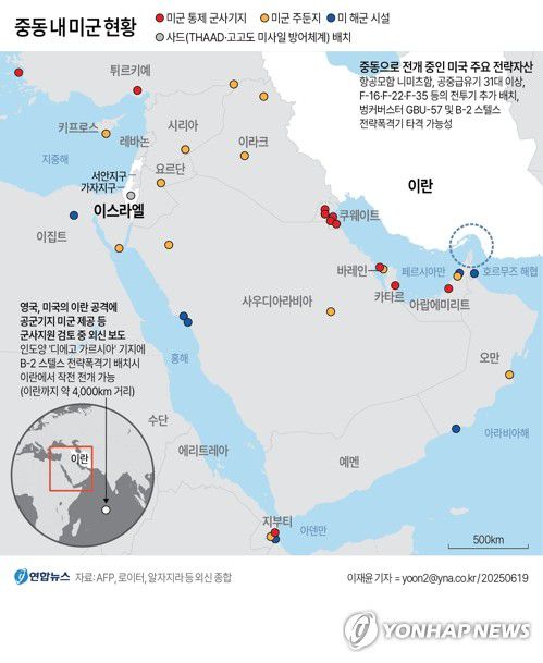 [그래픽] 중동 내 미군 현황(서울=연합뉴스) 이재윤 기자 = 대한무역투자진흥공사(코트라)는 이스라엘의 기습공격으로 시작된 이란과의 무력 충돌이 1주일째 이어지는 가운데 이번 사태가 장기화하면 한국의 중동 수출에도 일정한 타격이 우려된다는 지적을 내놨다.     장기적으로는 호르무즈 해협 항로 폐쇄 여부에 따라 한국을 비롯한 무역·물류 타격이 클 것으로 전망됐다.     yoon2@yna.co.kr     X(트위터) @yonhap_graphics  페이스북 tuney.kr/LeYN1