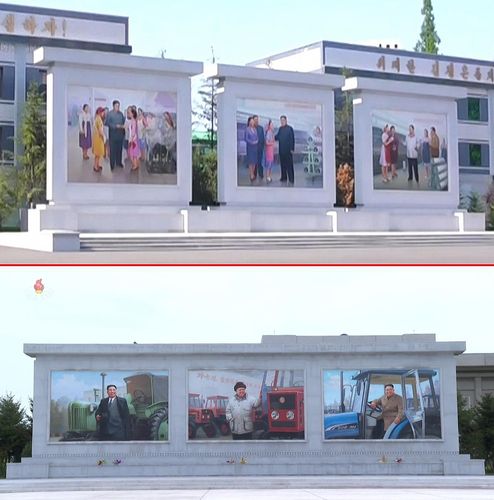 북한 김정은 모자이크 벽화, 김일성·김정일 사이에 설치(서울=연합뉴스) 북한 조선중앙TV는 지난 21일 오후 보도시간에 김일성ㆍ김정일ㆍ김정은의 모습을 형상한 모자이크 벽화가 김정숙평양제사공장에 설치된 영상을 내보냈다. 아래 사진은 지난 2023년 9월 조선중앙TV가 보도한 금성트랙터공장 내 벽화로 해당 벽화는김일성ㆍ김정일ㆍ김정은 순으로 설치됐다. [조선중앙TV 화면] 2025.6.23      [국내에서만 사용가능. 재배포 금지. For Use Only in the Republic of Korea. No Redistribution]    nkphoto@yna.co.kr (끝)