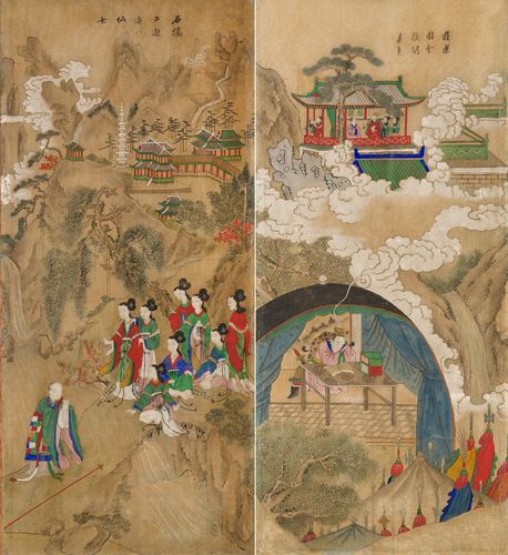 '구운몽도 병풍' 일부 왼쪽은 성진이 팔선녀를 만나는 장면(1폭), 오른쪽은 양소유가 용왕의 딸 백능파를 만나는 꿈을 꾸는 장면(6폭) [국가유산청 제공. 재판매 및 DB 금지]