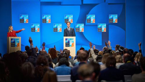 나토 정상회의 사전 기자회견(헤이그=연합뉴스) 23일(현지시간) 네덜란드 헤이그에서 열린 나토 정상회의 사전 기자회견. 2025.6.23 photo@yna.co.kr [나토 제공. 재판매 및 DB 금지]