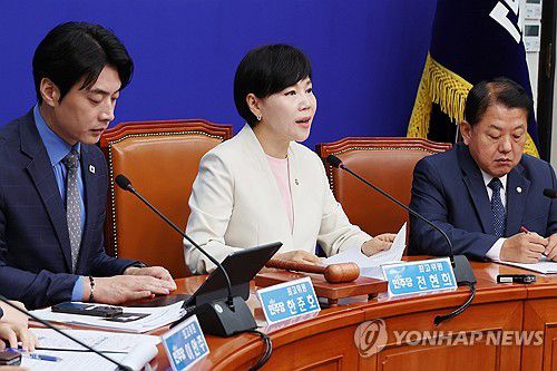 발언하는 전현희 최고위원(서울=연합뉴스) 김주성 기자 = 더불어민주당 전현희 최고위원이 25일 서울 여의도 국회에서 열린 최고위원회의에서 발언하고 있다. 2025.6.25 utzza@yna.co.kr