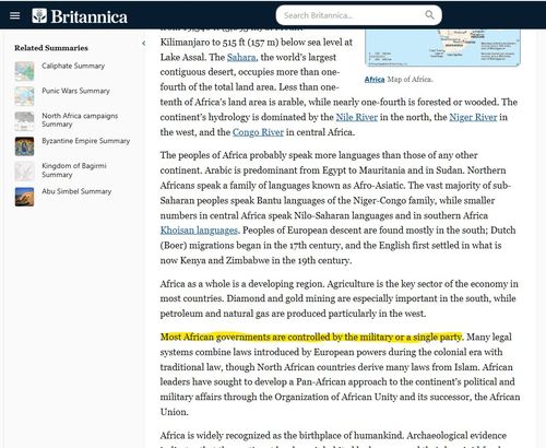 브리태니커 사전의 아프리카 정치 서술[반크 제공. 재판매 및 DB 금지]