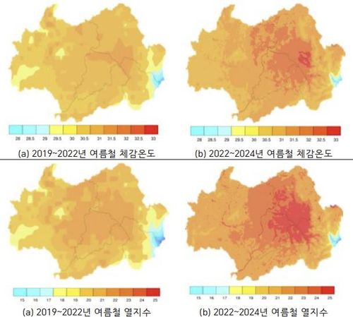 2019∼2022년과 2022∼2024년 여름철 체감온도와 열지수[광주기후에너지진흥원 제공. 재판매 및 DB 금지]