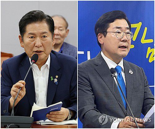 발언하는 정청래·박찬대 당 대표 후보(서울=연합뉴스) 박동주 형민우 기자 = 더불어민주당 차기 당 대표 선거에 출마한 정청래 의원이 9일 서울 여의도 국회 의원회관에서 열린 당원 주권 정당개혁 토론회에서 발언하고 있다.(사진 왼쪽) 같은 날 박찬대 의원은 전남 무안군 전남도의회 브리핑룸에서 기자회견을 열고 인사말하고 있다.(사진 오른쪽) 2025.7.9 photo@yna.co.kr