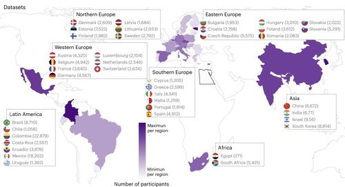연구 대상 40개국 및 국가별 참가자 수 [Nature Medicine / Agustin Ibanez et al. 제공. 재판매 및 DB 금지]