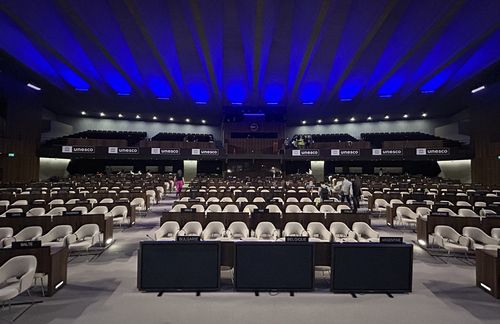 유네스코 본부     (파리=연합뉴스) 김예나 기자 = 제47차 유네스코 세계유산위원회가 열리고 있는 프랑스 파리 유네스코 본부 회의장 모습. 사진은 지난 13일 촬영한 것. 2025.7.15     yes@yna.co.kr