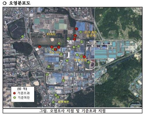 본촌산단 지하수 오염분포도[본촌산단 지하수토양오염 실태조사 보고서 발췌. 재판매 및 DB 금지]