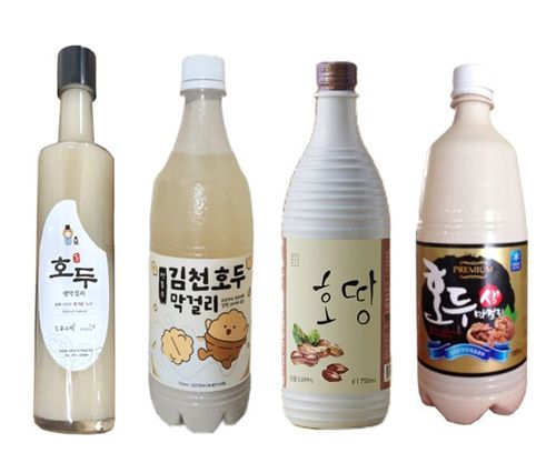 호두 전통주(왼쪽부터) 우수작의 호두생막걸리, 백년주조의 김천호두막걸리, 배혜정도가의 호땅, 새순천양조의 호두생막걸리
