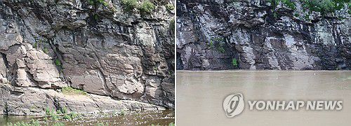 반구대 암각화 침수 전·후 모습(울산=연합뉴스) 김용태 기자 = 19일 울산 울주 대곡리 반구대 암각화가 호우에 사연댐 수위가 상승하면서 물에 잠겨 보이지 않고 있는 모습(오른쪽 사진). 왼쪽 사진은 지난 3일 동일한 구도로 촬영한 반구대 암각화 모습. 2025.7.19 yongtae@yna.co.kr