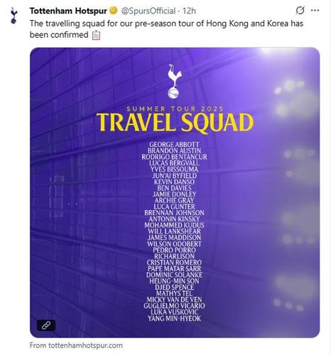 아시아투여 명단을 발표한 토트넘. [토트넘 구단 SNS. 재판매 및 DB 금지]