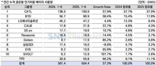 1∼6월 글로벌 배터리 사용량[SNE리서치 제공. 재판매 및 DB 금지]