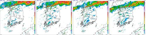 왼쪽부터 6일 오전 9시, 오전 10시, 오전 11시, 정오 레이더 영상. [기상청 제공. 재판매 및 DB 금지]