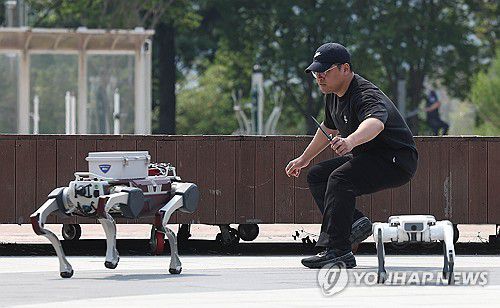 폴리봇과 대치하는 용의자    (대구=연합뉴스) 김현태 기자 = 28일 오후 대구 수성구 수성못에서 열린 대구경찰청의 AI드론·로봇을 이용한 디지털 합동 순찰 시연에서 폴리봇(순찰로봇) 2대가 성추행용의자와 대치하고 있다. 2025.5.28  mtkht@yna.co.kr