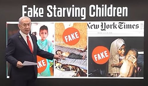 브리핑에서 사진 조작 주장하는 네타냐후 이스라엘 총리실 유튜브 캡처. 재판매 및 DB 금지