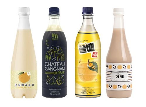 (왼쪽부터) 안성배막걸리, 강남도가 배, 강남도가 꿀배, 건배[제조사 홈페이지 캡처]