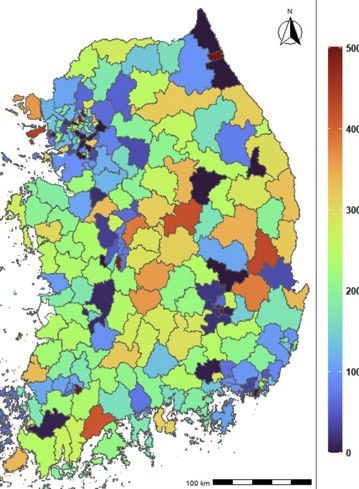 인구 10만 명당 지역별 심정지  발생 현황 [논문 발췌]