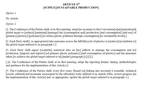 플라스틱 오염 종식을 위한 협약 의장 제안문 6조 부분. 조항 전체에 합의가 이뤄지지 않았다는 점을 표시하는 괄호가 씌워져있다. [유엔환경계획(UNEP) 홈페이지 갈무리. 재판매 및 DB 금지]