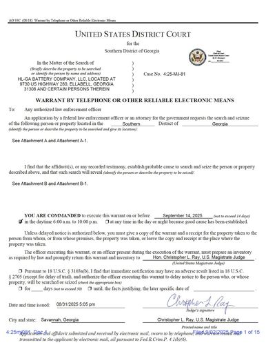 미 국토안보수사국 영장 앞면(워싱턴=연합뉴스) 홍정규 특파원 = 미 국토안보수사국이 집행한 조지아주 현대차그룹-LG에너지솔루션 공장 수색영장 첫 장