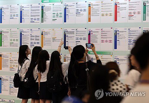 네 꿈을 펼쳐라(서울=연합뉴스) 이동해 기자 = 20일 오전 서울 동대문디자인플라자에서 열린 2025 금융권 공동채용 박람회에서 구직자들이 금융권 취업백서 게시대의 기관 정보를 바라보고 있다. 2025.8.20 eastsea@yna.co.kr