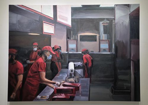 토머스 캐머런 작 '패스트푸드 노동자들'(서울=연합뉴스) 박의래 기자 = 10일 서울 인사동 선화랑에서 열리고 있는 기획전 '우리가 살아가는 방식'에 전시 중인 토머스 캐머런 작 '패스트푸드 노동자들'. 2025.9.10. laecorp@yna.co.kr