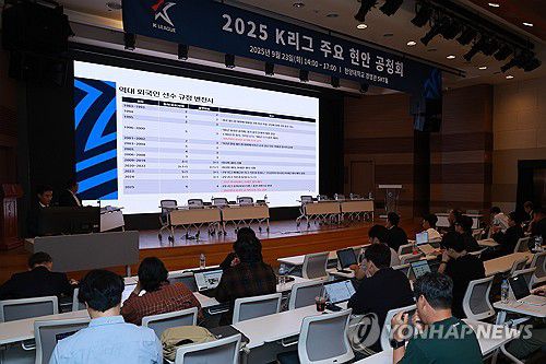 K리그1 적정 팀 수·외국인 선수 제도 관련 공청회(서울=연합뉴스) 신현우 기자 = 안치준 한국프로축구연맹 구단지원팀장이 23일 서울 성동구 한양대학교 경영관 SKT홀에서 열린 2025 K리그 주요 현안 공청회에 참석해 K리그 외국인 선수 쿼터 제도에 관해 발제하고 있다. 이번 공청회는 K리그1 적정 팀 수와 K리그 외국인 선수 쿼터 제도를 주제로 열렸다. 2025.9.23 nowwego@yna.co.kr
