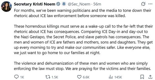 크리스티 놈 국토안보부 장관이 엑스에 올린 글[X 게시물 캡처. 재판매 및 DB 금지]