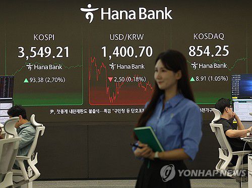 연휴 앞두고 코스피 사상 처음 3,500 돌파(서울=연합뉴스) 류영석 기자 = 코스피가 사상 처음 3,500선을 돌파하며 종가 기준 역대 최고치인 3.549.21로 마감한 2일 오후 서울 중구 하나은행 딜링룸에서 딜러들이 업무를 보고 있다. 2025.10.2 ondol@yna.co.kr