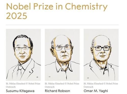 올해 노벨화학상 수상자 3인[노벨위원회=연합뉴스] 왼쪽부터 기타가와 스스무(北川 進·74ㆍ일본) 교토대 교수, 리처드 롭슨(88ㆍ영국) 호주 멜버른대 교수, 오마르 M. 야기(60ㆍ미국, 요르단, 사우디아라비아 등 복수국적) 미국 UC버클리대 교수