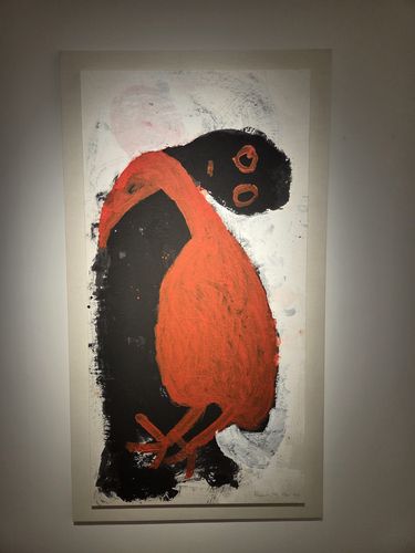 노은님 1986년 작 '빨간 새와 함께'(서울=연합뉴스) 박의래 기자 = 14일 서울 종로구 사간동 현대화랑에 전시 중인 노은님 작 '빨간 새와 함께'. 2025.10.14. laecorp@yna.co.kr