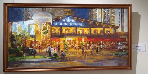 대동강맥주집(모스크바=연합뉴스) 최인영 특파원 = 지난달 8일부터 이달 10일까지(현지시간) 모스크바 전러시아 장식예술 박물관에서 열린 북한 미술 전시회에 걸린 그림. 2025.10.14 abbie@yna.co.kr (끝)