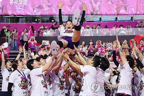 김연경 헹가래 치는 흥국생명 선수들[한국배구연맹 제공. 재판매 및 DB 금지]