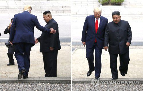 북미 정상, '북으로, 남으로'(판문점=연합뉴스) 배재만 기자 = 도널드 트럼프 미국 대통령과 북한 김정은 국무위원장이 30일 오후 판문점 군사분계선을 넘어 북측으로 함께 걸어갔다 다시 되돌아오고 있다. 2019.6.30 scoop@yna.co.kr