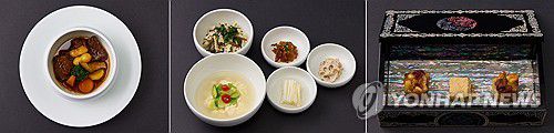 APEC 공식 환영만찬 메뉴(경주=연합뉴스) 대통령실은 31일 경주 APEC 정상회의 공식 환영 만찬을 공개했다. 이번 만찬은 한국계 미국인 셰프 에드워드 리가 개발에 직접 참여했다. 왼쪽부터 갈비찜, 나물비빔밥, 파이ㆍ캐러멜 디저트. 2025.10.31 [대통령실 제공. 재판매 및 DB 금지] photo@yna.co.kr