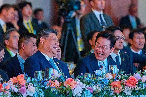 대화 나누는 한중 정상    (경주=연합뉴스) 이재명 대통령과 시진핑 중국 국가주석이 지난 10월 31일 경북 경주시 라한셀렉트호텔에서 열린 2025 아시아태평양경제협력체(APEC) 정상회의 환영 만찬에서 대화를 나누고 있다. 2025.11.1 [대통령실 제공. 재판매 및 DB 금지]     photo@yna.co.kr (끝)