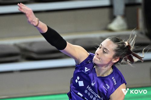 스파이크하는 흥국생명의 레베카[한국배구연맹 제공. 재판매 및 DB 금지]