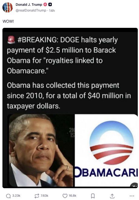 트럼프, '오바마, 오바마케어 로열티 거액 받아' 허위 주장 공유[트럼프 트루스소셜 캡처. 재판매 및 DB 금지]