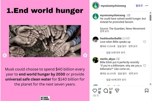 머스크에게 기부를 촉구하는 미국 사회운동단체의 온라인 게시물['My Voice, My Choice' 인스타그램 캡처. 재판매 및 DB 금지]