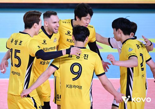 득점 후 기뻐하는 KB손해보험 선수들[한국배구연맹 제공. 재판매 및 DB 금지]