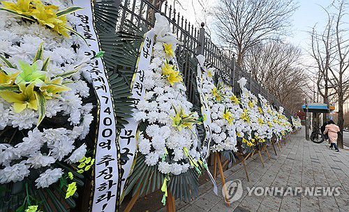 "검찰·법무부는 죽었다" 과천청사 앞 근조화환(과천=연합뉴스) 이동해 기자 = 20일 경기도 정부과천청사 앞에 대장동 개발비리 사건 항소 포기와 관련해 법무부를 규탄하는 문구가 적힌 근조 화환이 줄지어 서 있다. 2025.11.20 eastsea@yna.co.kr