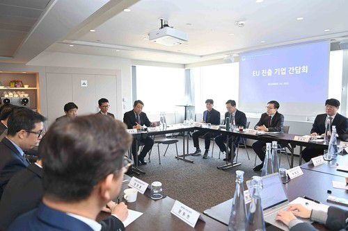 여한구 통상본부장, 유럽 진출 한국 기업과 간담회여한구 산업자원부 통상교섭본부장(왼쪽에서 6번째)이 1일 브뤼셀에서 유럽 진출 기업인들과 간담회를 열어 유럽연합(EU) 규제로 인한 어려움을 청취했다. [산업자원부 제공. 재판매 및 DB 금지]