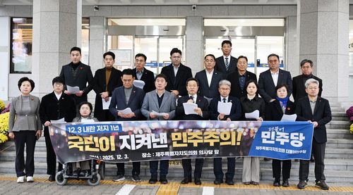 기자회견 하는 제주도의회 더불어민주당 교섭단체[제주도의회 제공. 재판매 및 DB 금지]