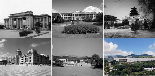 국립중앙박물관의 발자취 윗줄은 경복궁 1기(구 조선총독부박물관·1945∼1953), 덕수궁 시기(1955∼1972), 경복궁 2기(현 국립민속박물관·1972∼1986). 아랫줄은 경복궁 3기(구 중앙청·1986∼1996), 경복궁 4기(현 고립고궁박물관·1996∼2004), 현재 용산 시기(2005∼) 모습 [국립중앙박물관 제공. 재판매 및 DB 금지]