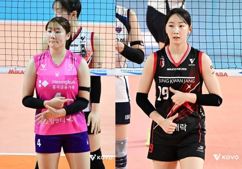 흥국생명의 서채현(왼쪽)과 정관장의 최서현[한국배구연맹 제공. 재판매 및 DB 금지]