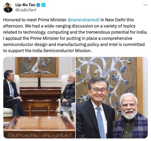 립부 탄 인텔 최고경영자(CEO)가 9일(현지시간) 나렌드라 모디 인도 총리와 회동한 이후 엑스(X·옛 트위터)에 '인도 반도체 미션'을 지원하겠다고 밝혔다. [립부 탄 X 캡처. 재판매 및 DB 금지]