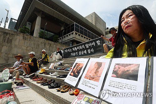 가습기살균제 참사 피해대책 촉구하는 유족들과 환경단체(서울=연합뉴스) 서대연 기자 = 가습기살균제 참사 피해자 및 유족들과 환경보건센터 등 단체 회원들이 28일 서울 종로구 세종문화회관 계단에서 가습기살균제 참사 14주년 기자회견을 열고 있다. 2025.8.28 dwise@yna.co.kr