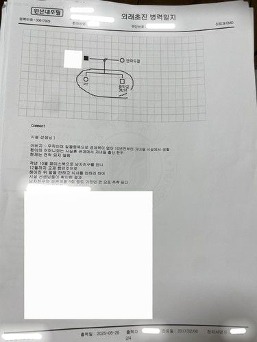 2017년 2월 김샛별(가명) 00대학병원 정신과 초진 기록지"시설 선생님에 따르면 작년 10월 페이스북으로 남자 친구를 만나 12월까지 교제했던 것으로, 헤어진 말을 안 하고 식사를 안 하려 하여 선생님들이 확인한 결과 남자친구와 성관계를 5회 가졌던 것으로 추측된다"고 기록돼 있다. [사본 김샛별 제공]