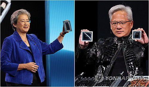 AI 반도체 공개한 엔비디아와 AMD(라스베이거스=연합뉴스) 김성민 기자 = 엔비디아와 AMD가 CES를 앞둔 5일(현지시간) 차세대 AI 반도체 칩을 공개했다.     사진은 왼쪽부터 미국 네바다주 라스베이거스 베네시안 호텔에서 키노트 연설을 하는 리사 수 AMD CEO, 퐁텐블로 호텔에서 열린 엔비디아 CES 2026 라이브에서 칩을 들고 있는 젠슨 황 엔비디아 CEO. 2026.1.6 ksm7976@yna.co.kr
