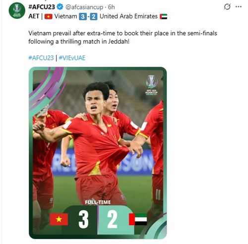 베트남의 준결승 진출 소식을 전한 AFC.[AFC SNS. 재판매 및 DB 금지]