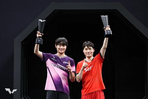WTT 스타 컨텐더 도하 남자복식 우승을 차지한 장우진(오른쪽)과 조대성[WTT 인스타그램 캡처. 재판매 및 DB 금지]