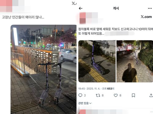 지난 11월 점자블록에 주차된 전동킥보드에 대한 누리꾼의 글[엑스 앱 캡처. 재판매 및 DB 금지]